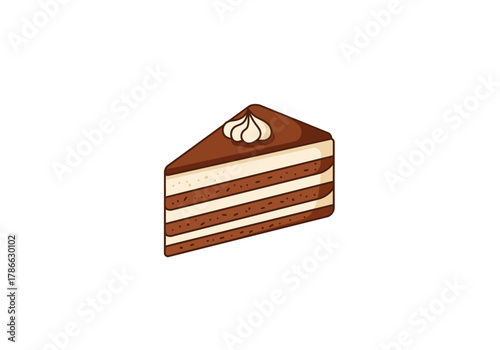 A slice of layered chocolate cake with white frosting on top