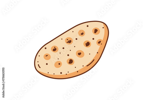 A light brown oblong flatbread with darker brown spots on a white background