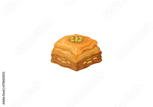 A square syrupy pastry with visible pistachio nut layers on a white background