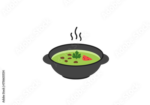 A steaming black pot filled with green soup beans cilantro and watermelon