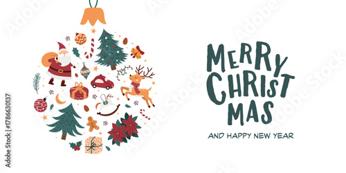 Merry Christmas and Happy New Year greeting card with Santa, tree, and holiday icons inside bauble. Cute festive winter illustration. Flat vector on white background.