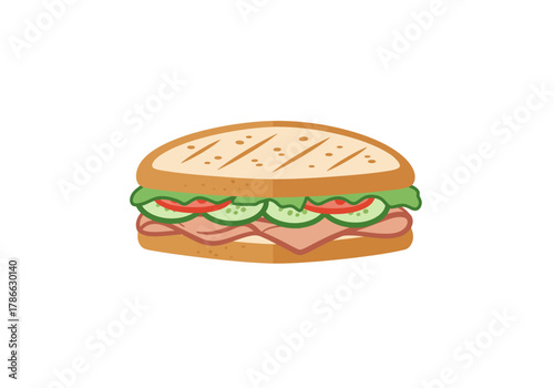 A stylized grilled sandwich illustration with ham lettuce tomato and cucumber on a white background