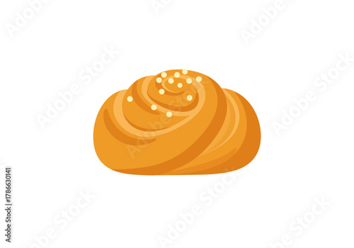 A stylized orange pastry swirl topped with small white pearl sprinkles on a white background