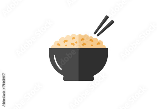 Black bowl of rice with chopsticks isolated on white background