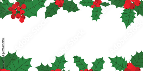 Christmas holly frame with green leaves and red berries. Festive winter border for greeting cards, posters, and holiday design. Flat vector illustration isolated on white background.