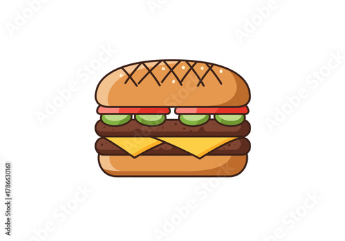 Cartoon double cheeseburger with pickles and tomatoes on a white background