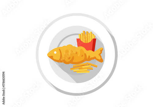 Flat icon of fried fish and chips on a plate with long shadow