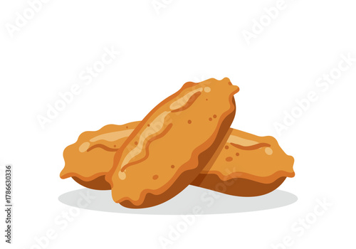 Two goldenbrown fried pastry items resting on a gray shadow