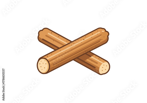 Two light brown churros crossed over each other on a white background