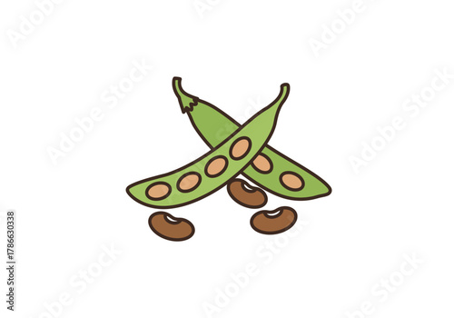 Two green crossed bean pods with brown beans spilling out