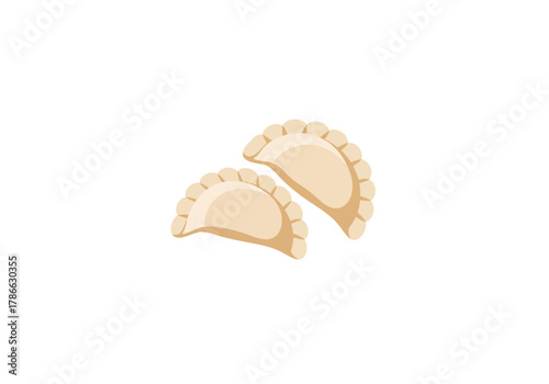 Two pale crescentshaped dumplings with crimped edges isolated on white