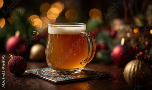 A mug of beer sits on a coaster next to a Christmas tree