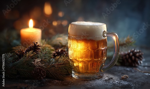 A mug of beer sits on a table next to a candle