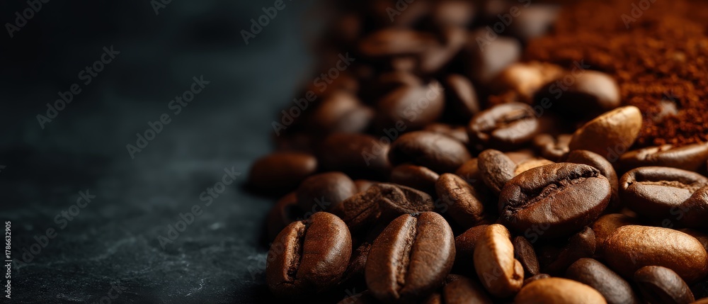 Fototapeta premium A close-up of coffee beans and ground coffee, showcasing rich textures and colors, set against a dark background.