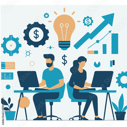 Flat Vector Illustration of Business Teamwork and Financial Growth Conncept 