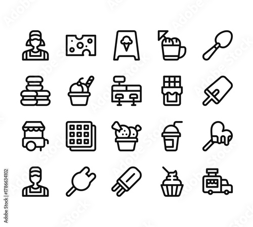 20 set of outline web ice cream shop icons such as cheese, aron, ice cream cart, clerk,   vector thin icons for report, presentation, diagram, web design, mobile app