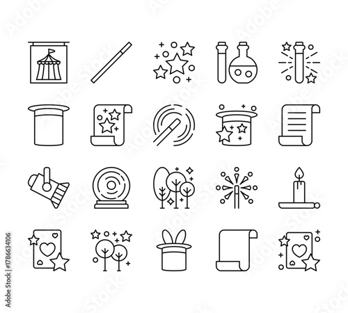 20 set of outline web magic icons such as magic wand, magic hat, spotlight, cards, hat vector thin icons for report, presentation, diagram, web design, mobile app