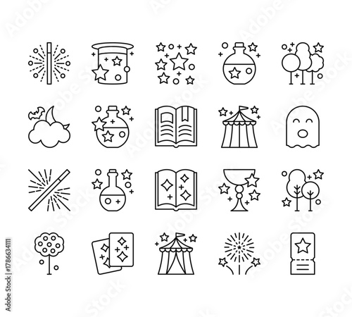 20 set of outline web magic icons such as magic hat, night, magic wand, fruit tree, tent vector thin icons for report, presentation, diagram, web design, mobile app