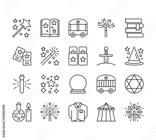 20 set of outline web magic icons such as spellbook, tickets, potion, potion, shirt vector thin icons for report, presentation, diagram, web design, mobile app