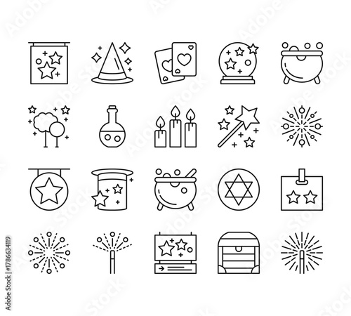 20 set of outline web magic icons such as witch hat, forest,  , magic,  vector thin icons for report, presentation, diagram, web design, mobile