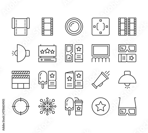 20 set of outline web film icons such as film strip, spotlight, clapperboard, target,   vector thin icons for report, presentation, diagram, web design, mobile app