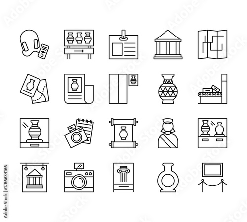 20 set of outline web museum icons such as museum, guide, vase, museum, column vector thin icons for report, presentation, diagram, web design, mobile app