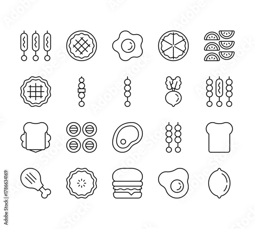 20 set of outline web food icons such as pie, pie, sandwich, chicken leg, hamburger vector thin icons for report, presentation, diagram, web design, mobile app