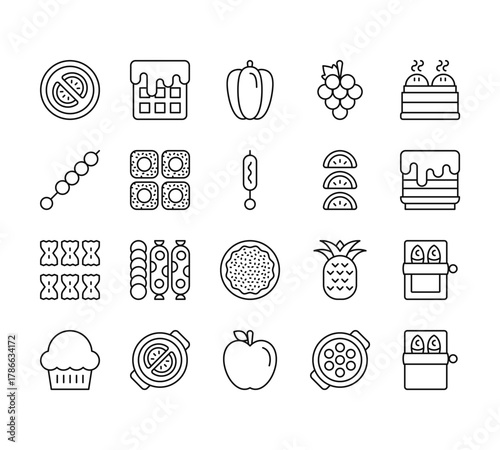 20 set of outline web food icons such as waffle, canape, pasta, muffin,   vector thin icons for report, presentation, diagram, web design, mobile app