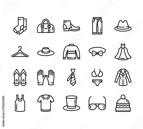 20 set of outline web clothes icons such as handbag, hanger, high heels, sleeveless shirt, top hat vector thin icons for report, presentation, diagram, web design, mobile app