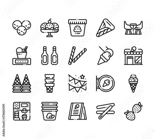 20 set of outline web icecream shop icons such as cup, weight, ice cream, ice cream, menu vector thin icons for report, presentation, diagram, web design, mobile app