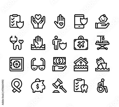 20 set of outline web insurance icons such as heart, medical insurance, safe, ribbon, hammer vector thin icons for report, presentation, diagram, web design, mobile app