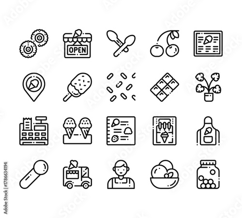 20 set of outline web icecream shop icons such as open, place, cash register, scoop, salesman vector thin icons for report, presentation, diagram, web design, mobile app