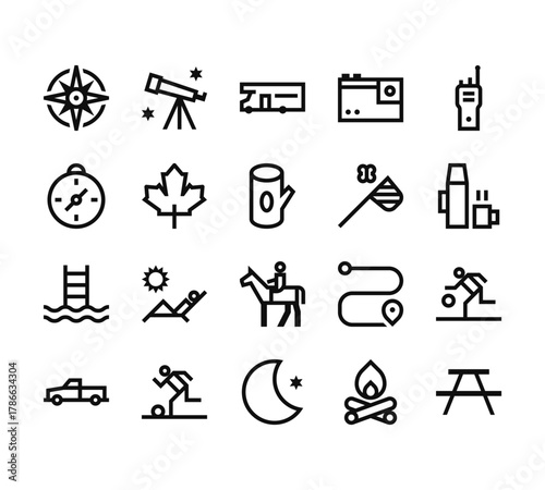 20 set of outline web outdoor activities icons such as telescope, compass, swimming pool, x, moon vector thin icons for report, presentation, diagram, web design, mobile app