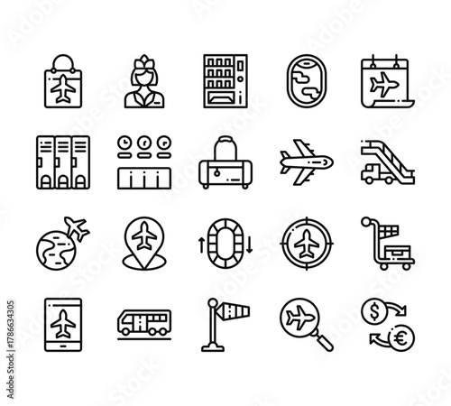 20 set of outline web airport icons such as flight attendant, locker, world, travel, wind vector thin icons for report, presentation, diagram, web design, mobile app