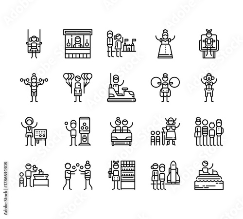 20 set of outline web amusement park icons such as food stand, circus, operator, game, shooting game vector thin icons for report, presentation, diagram, web design, mobile app