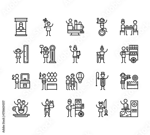 20 set of outline web amusement park icons such as pinwheel, height, whack a mole, teacup, popcorn vector thin icons for report, presentation, diagram, web design, mobile app