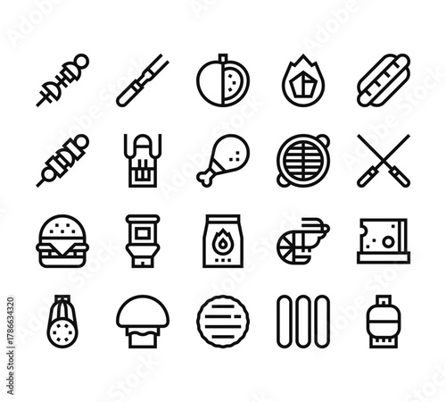 20 set of outline web  icons such as meat, brochette, hamburger, courgette, hamburger vector thin icons for report, presentation, diagram, web design, mobile app