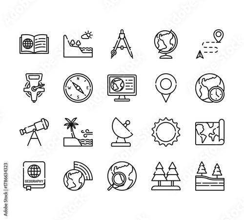 20 set of outline web geography icons such as sea, tape, telescope, geography, globe vector thin icons for report, presentation, diagram, web design, mobile app