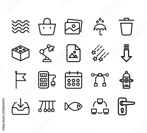 20 set of outline web miscellaneous icons such as shopping bags, brick, flag, inbox, fish vector thin icons for report, presentation, diagram, web design, mobile app