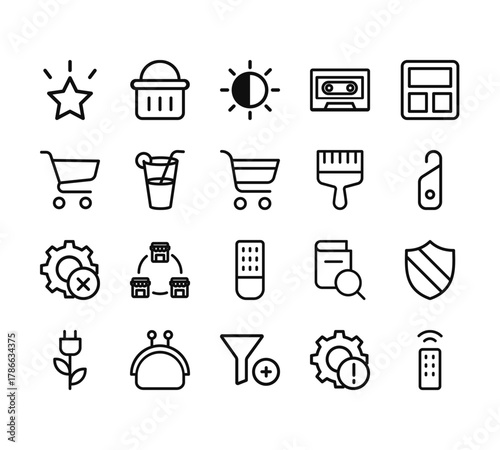 20 set of outline web miscellaneous icons such as shopping basket, shopping cart, tings, plug, filter vector thin icons for report, presentation, diagram, web design, mobile app