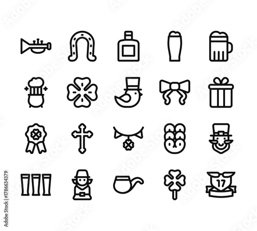 20 set of outline web st patricks icons such as horseshoe, pot, badge, beer, pipe vector thin icons for report, presentation, diagram, web design, mobile app