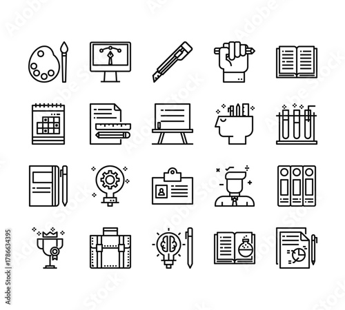 20 set of outline web school icons such as  , calendar, notebook, trophy, idea vector thin icons for report, presentation, diagram, web design, mobile app