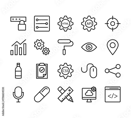 20 set of outline web web design and programming icons such as adjust, analytics, alcohol, microphone, pen vector thin icons for report, presentation, diagram, web design, mobile app
