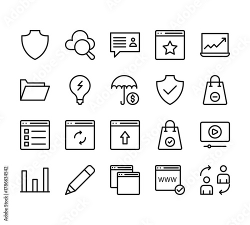 20 set of outline web seo and marketing icons such as cloud computing, data storage, browser, analytics, browser vector thin icons for report, presentation, diagram, web design, mobile app