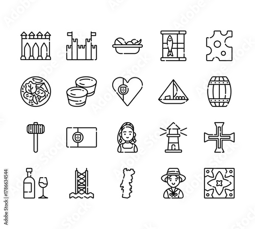 20 set of outline web portugal icons such as castle, portuguese, hammer, wine, portugal vector thin icons for report, presentation, diagram, web design, mobile app