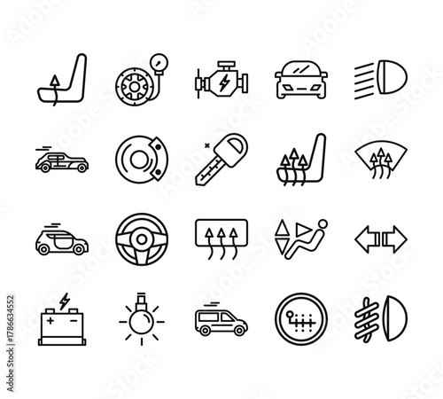 20 set of outline web auto icons such as tire pressure, vintage car, cab, battery, van vector thin icons for report, presentation, diagram, web design, mobile app