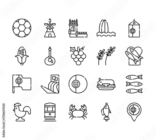 20 set of outline web portugal icons such as windmill, corn, portugal, rooster, crab vector thin icons for report, presentation, diagram, web design, mobile app