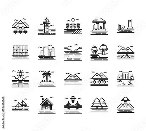 20 set of outline web landscapes icons such as lighthouse, bamboo, lake, sailboats, bridge vector thin icons for report, presentation, diagram, web design, mobile app