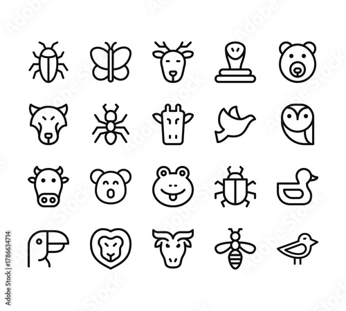 20 set of outline web animal icons such as butterfly, wolf, cow, toucan, buffalo vector thin icons for report, presentation, diagram, web design, mobile app