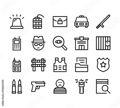 20 set of outline web crime icons such as dynamite, walkie talkie, detector, bullets, prisoner vector thin icons for report, presentation, diagram, web design, mobile app